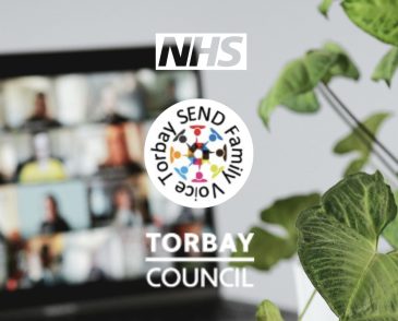 Logos for NHS, SEND Family Voice and Torbay Council, with blurred laptop showing hybrid meeting in background