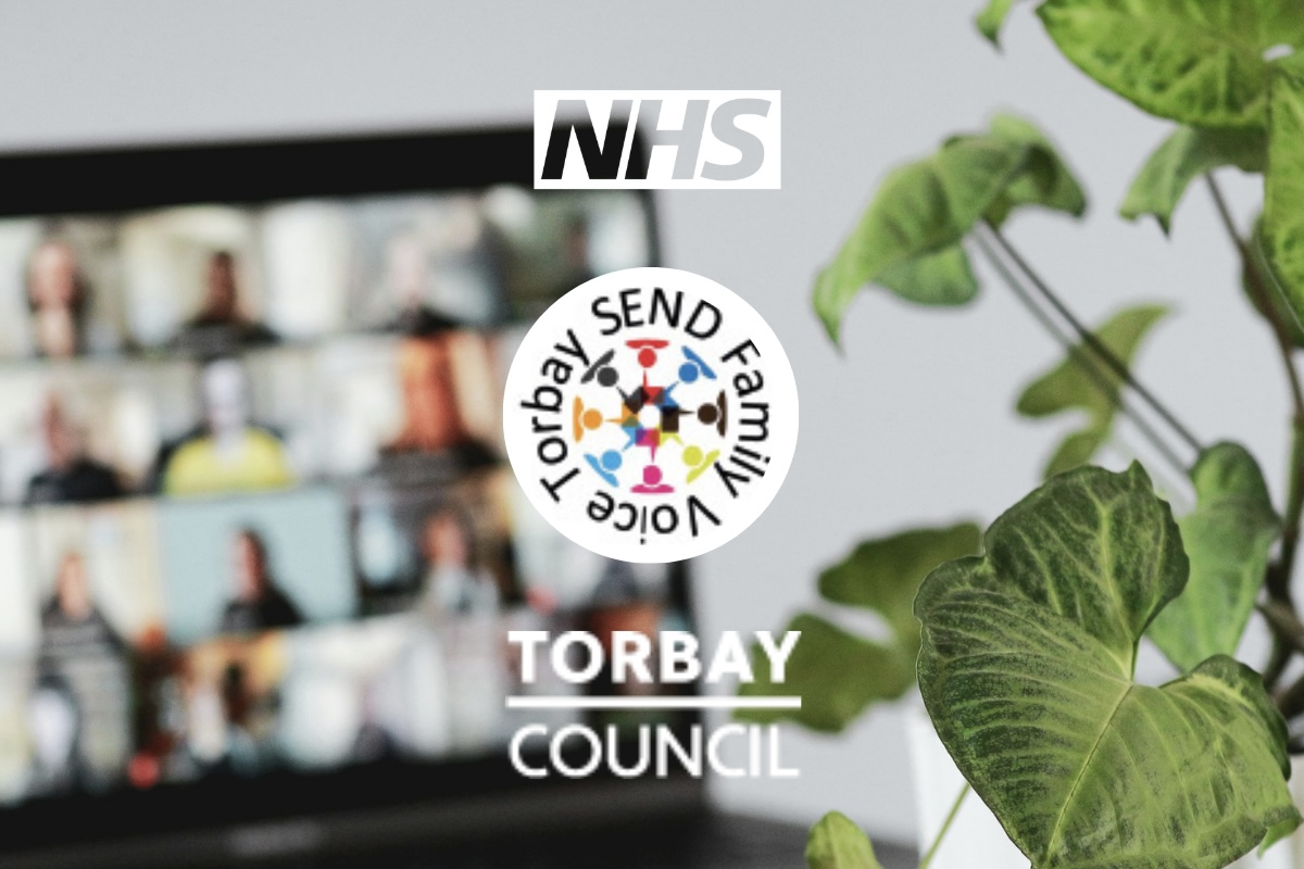 Logos for NHS, SEND Family Voice and Torbay Council, with blurred laptop showing hybrid meeting in background