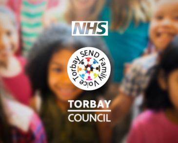 Logos for NHS, SEND Family Voice and Torbay Council, with blurred image of mixed children in background