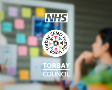 Logos for NHS, SEND Family Voice and Torbay Council, with blurred image of planning meeting in background