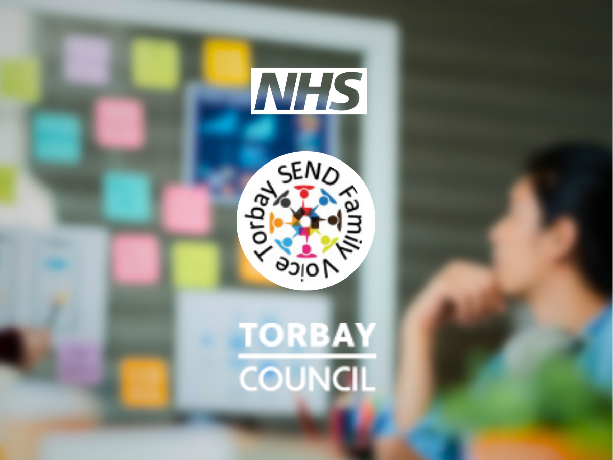 Logos for NHS, SEND Family Voice and Torbay Council, with blurred image of planning meeting in background