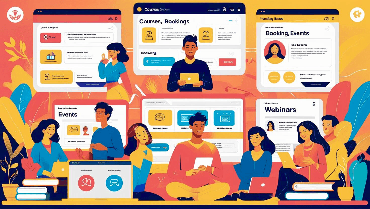 A vibrant, artistic illustration showing a diverse group of people engaging with digital tools—browsing courses, booking events, and joining webinars. The scene features colourful icons and clean, modern layouts, all framed in a warm palette that highlights connection, learning, and accessibility