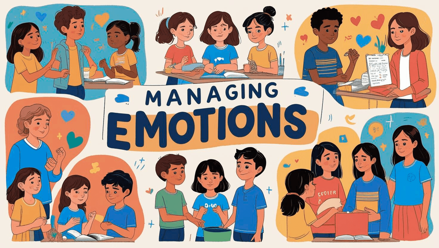 Six groups of children and young people, each expressing different emotions such as happiness, sadness, anger, and worry—used to support the theme of managing emotions.
