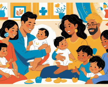 A detailed illustration in a vibrant, artistic style depicting multicultural families—parents and their babies and young children—receiving support, guidance, or information in a warm, welcoming home or family hub setting. The composition should be creative and visually engaging, showcasing diverse family structures and interactions. The illustration should feature a variety of ages and ethnicities, with a focus on positive and loving interactions. The color palette should be cheerful and inviting.