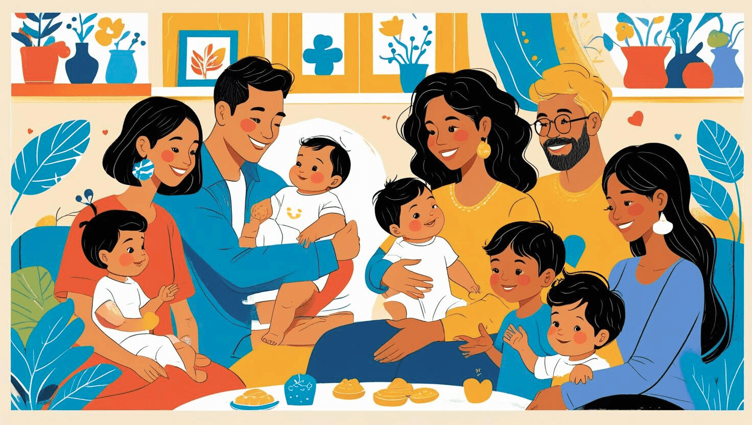 A detailed illustration in a vibrant, artistic style depicting multicultural families—parents and their babies and young children—receiving support, guidance, or information in a warm, welcoming home or family hub setting. The composition should be creative and visually engaging, showcasing diverse family structures and interactions. The illustration should feature a variety of ages and ethnicities, with a focus on positive and loving interactions. The color palette should be cheerful and inviting.