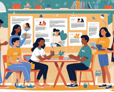 A detailed, colorful illustration in a friendly, approachable artistic style depicting teenagers and their parents engaged in activities that suggest conversation about various relevant topics. The composition should be visually engaging, using a creative layout that guides the viewer's eye through the scene. The illustration should feature diverse representations of teenagers and parents in a variety of settings, such as home, school, and community spaces, to convey a sense of inclusivity and relatability.