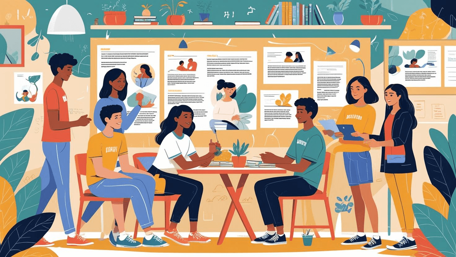 A detailed, colorful illustration in a friendly, approachable artistic style depicting teenagers and their parents engaged in activities that suggest conversation about various relevant topics. The composition should be visually engaging, using a creative layout that guides the viewer's eye through the scene. The illustration should feature diverse representations of teenagers and parents in a variety of settings, such as home, school, and community spaces, to convey a sense of inclusivity and relatability.