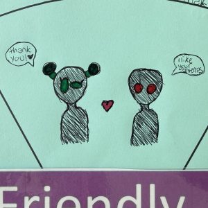 two alien figures with speech bubbles and a hear inbetween
