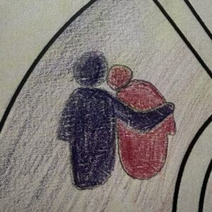 illustration of a figure with arm around anther figure