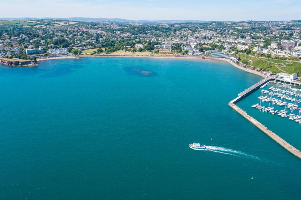 Arial view of Torquay, looking across bay towards Torre Abbey Sands