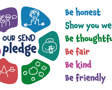 a colourful circular graphic with six segments, each with an illustration from a young person. Wording reads: Our SEND pledge: Be honest, show you we care, be thoughtful, be fair, be kind, be friendly